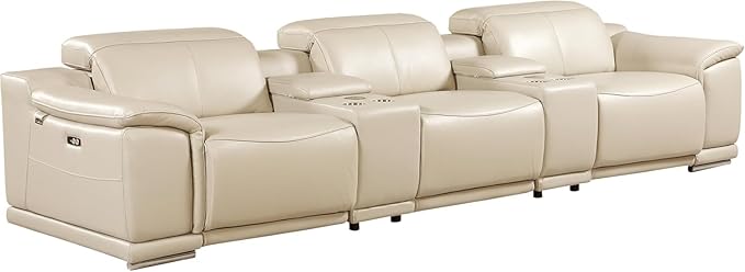 Blackjack Furniture Venice Top Grain Italian Leather Power Recline 5 Piece Sofa - 134" Theater Seating Modern Couch for Living Room Apartment Lounge Home with Adjustable Headrests & USB Port, Beige