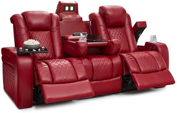 Seatcraft Anthem Italian Leather Sofa w/Fold-Down Table & Loveseat w/Storage Console, Living Room, Power Headrest, Power Recline, Red