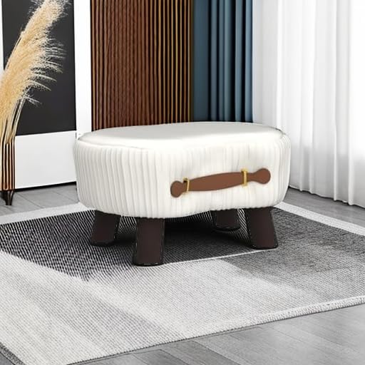 LUE BONA Small Curved Foot Stool with Handle, Beige Velvet Footstool and Ottomans, Modern Foot Rest with Wooden Legs, Step Stool with Padded Seat for Couch, Living Room