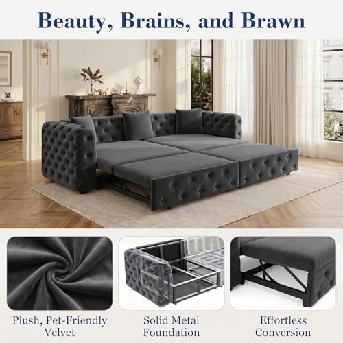 89" 4-Seater Queen Size Pull Out Sofa Bed with 3 Pillows, Gray