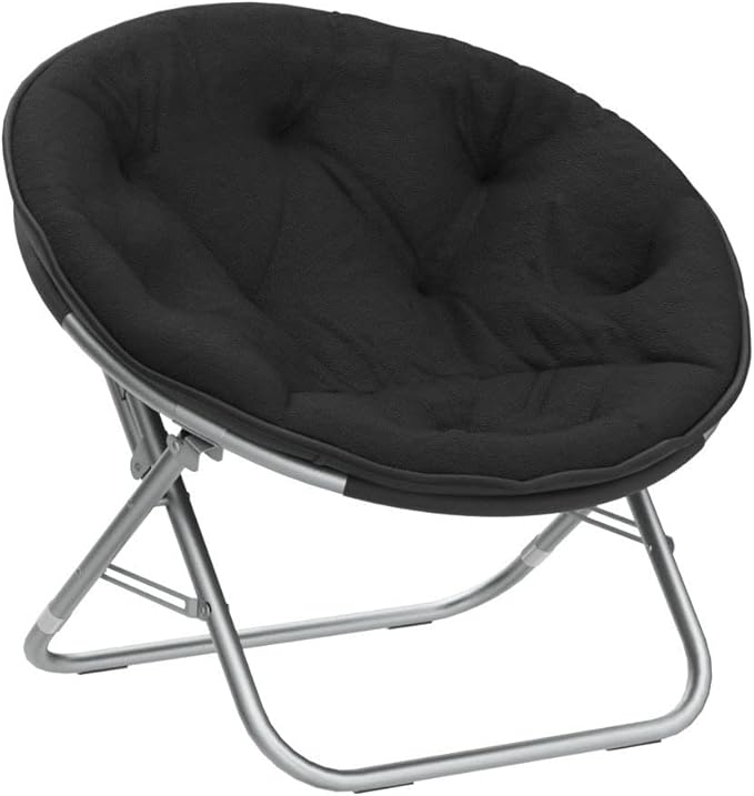 Urban Lifestyle Faux Fur Saucer Chair, Foldable Cozy Accent Chair for Kids, Teens & Adults, Gaming Chair Dorm Chair Bedroom Chair, Metal Frame, Black Faux Fur Seat