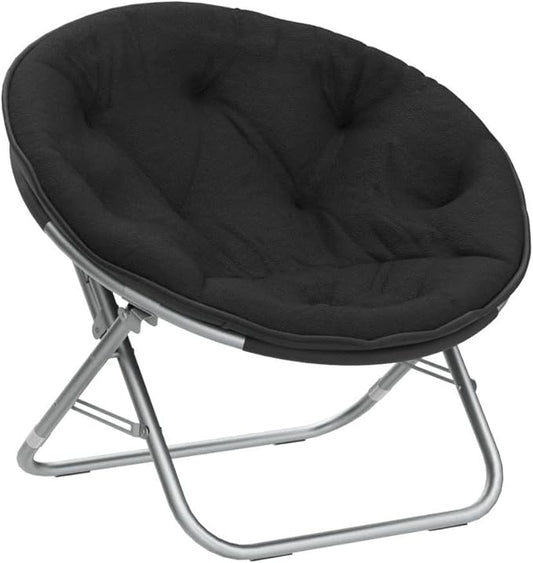 Urban Lifestyle Faux Fur Saucer Chair, Foldable Cozy Accent Chair for Kids, Teens & Adults, Gaming Chair Dorm Chair Bedroom Chair, Metal Frame, Black Faux Fur Seat