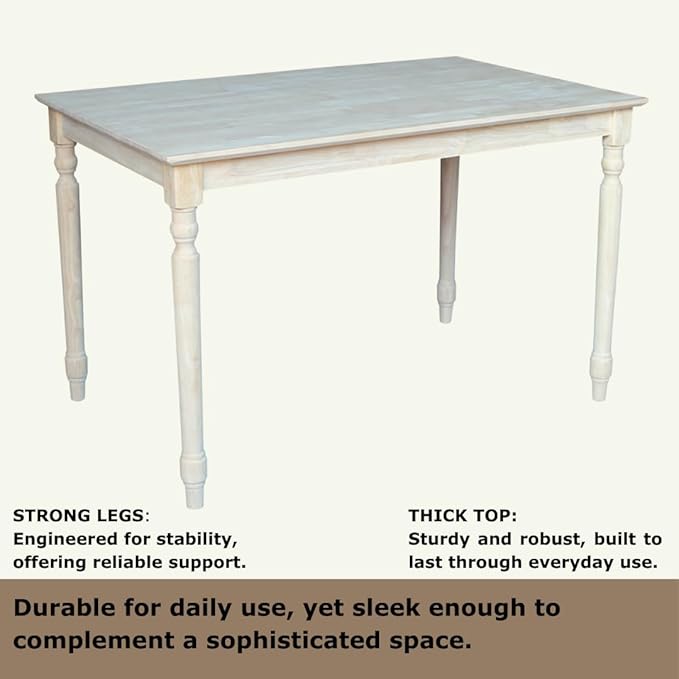 IC International Concepts, Solid Wood Top Table - Turned Legs, Solid Wood, Real Parawood, 30" W x 48" D x 30" H, Easy Assembly, DIY, Paint or Stain Your Way, Unfinished