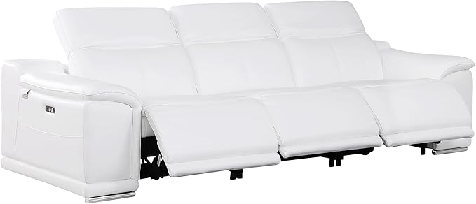 BlackJack Furniture Venice Top Grain Italian Leather Recliner 7 Seater 6 Power Reclining 3 Piece Sofa Set with Adjustable Headrests Modern Seating Sofa, Loveseat and Chair for Living Room , White