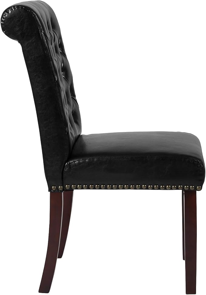Flash Furniture HERCULES Series Black LeatherSoft Parsons Chair with Rolled Back, Accent Nail Trim and Walnut Finish