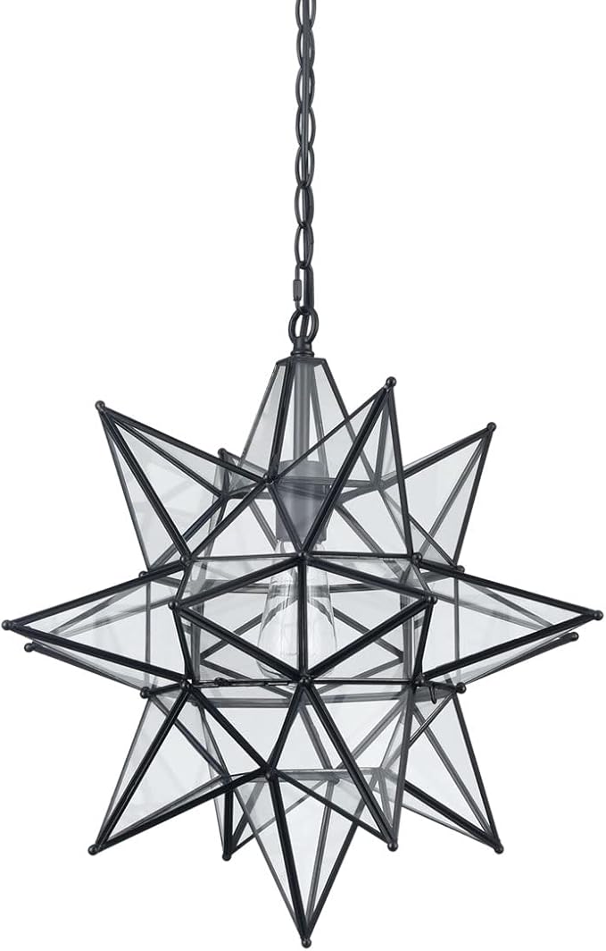 DIRYZON Boho Moravian Star Pendant Light 20 Inch Large Black Hanging Ceiling Light，Modern Clear Glass Pendant Lighting for Kitchen Island Porch Bedroom