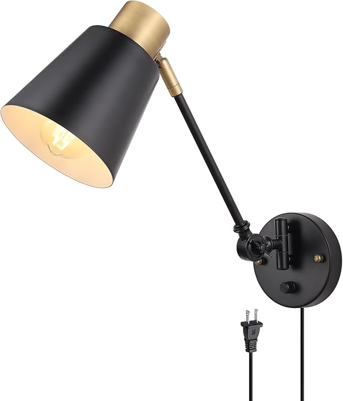 Dimmable Wall Lamp with Plug in Cord, Plug in Wall Sconces, Swing Arm Wall Light with On Off Switch, Metal Black Brass Industrial Wall Lamp for Bedroom, Living Room, E26 Base