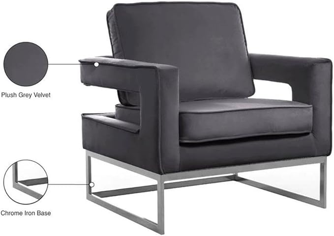 Meridian Furniture Noah Collection Modern | Contemporary Velvet Upholstered Accent Chair with Durable Stainless Steel Base, Grey, Chrome Base