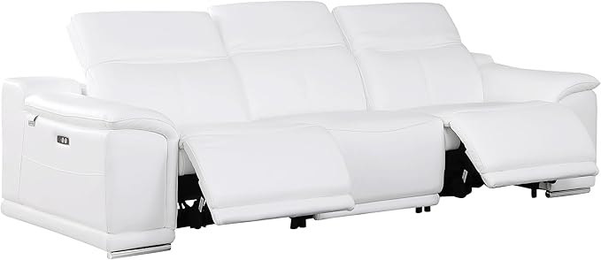 BlackJack Furniture Venice Top Grain Italian Leather Recliner 7 Seater 5 Power Reclining 3 Piece Sofa Set with Adjustable Headrests Modern Seating Sofa, Loveseat and Chair for Living Room , White