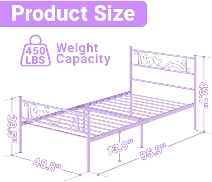 Weehom Twin Bed Frames with Headboard, Metal Platform Bed Heavy Duty Steel Slat Under Bed Storage for Kids Purple