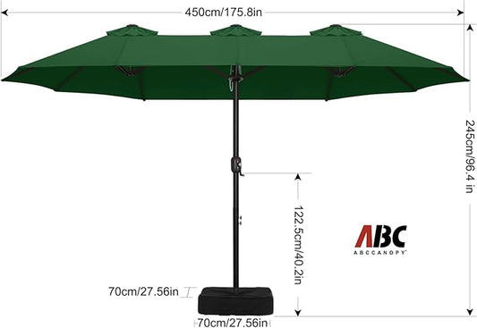 ABCCANOPY 15FT Patio Umbrella with Base, Outdoor Double-Sided Rectangle Umbrella Bonus Latch, Wights for Poolside, Lawn, Backyard (Green)