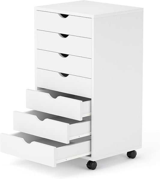 7 Drawer Chest, Storage Cabinet Dressers with Wheels, Dressers Storage Cabinets, Dresser Mobile Cabinet with Wheels, Room Organizer, Small Drawers Wood Organization Furniture for Office, Home, White