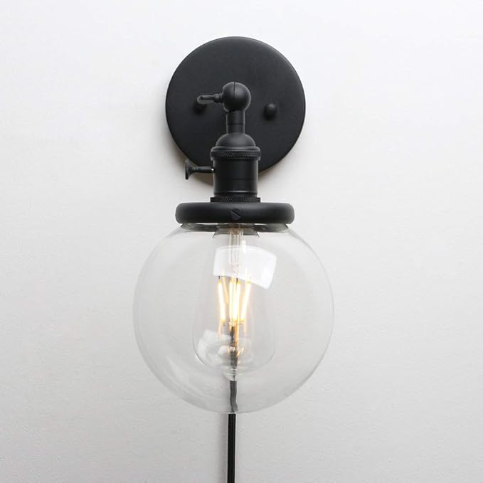 PERMO Plug in Wall Sconce with 5.9" Round Globe Clear Glass Shade and On/Off Switch Industrial Wall lamp Light Fixture 1-Light (Black)