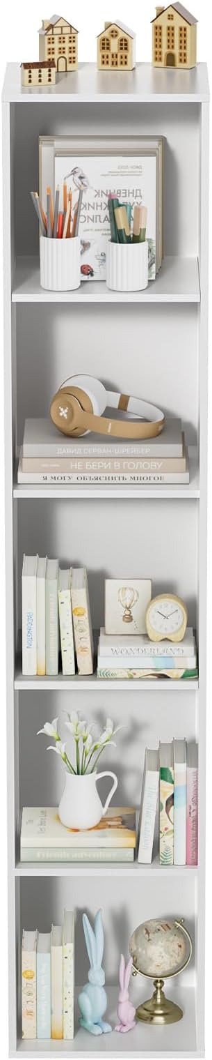 5 Tier Bookshelf, Open Tall Narrow Floor Standing Bookcase, Wooden Book Shelf Display Organizer for Home Office, Study (White, 5 Cube)