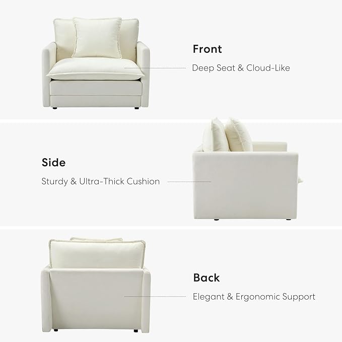 Chenille Oversized Accent Chair - 39”W Big Comfy Reading Chair, Modular Cloud Chair, Cozy Armchair for Living Room, Bedroom, Kids Room, Family Room, Reading Nook, Cream White