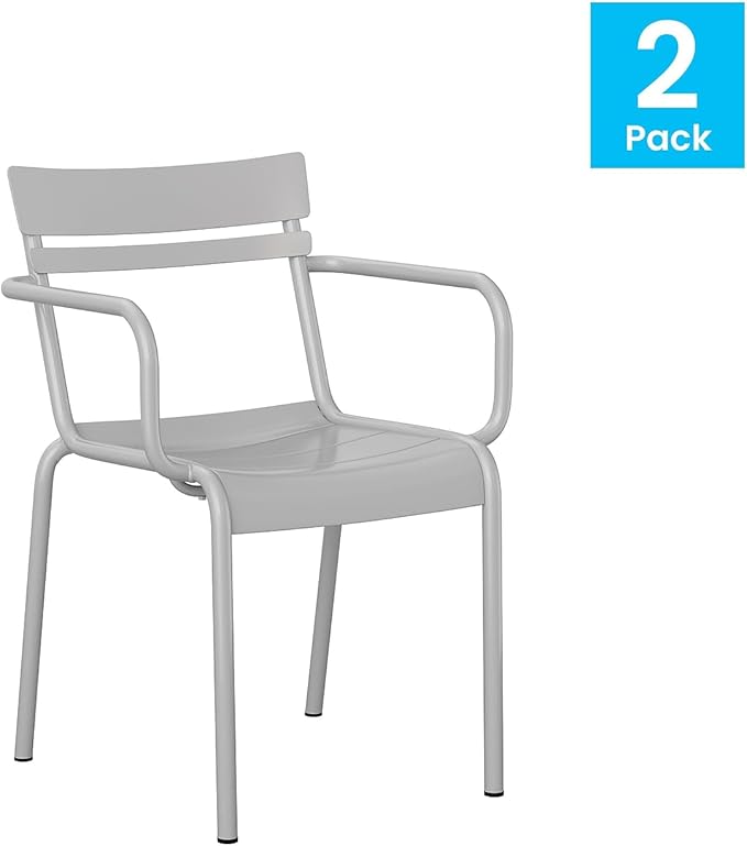 Flash Furniture Nash Commercial Grade Steel Stack Chair, Indoor-Outdoor Arm Chair with 2 Slat Back, Set of 2, Silver