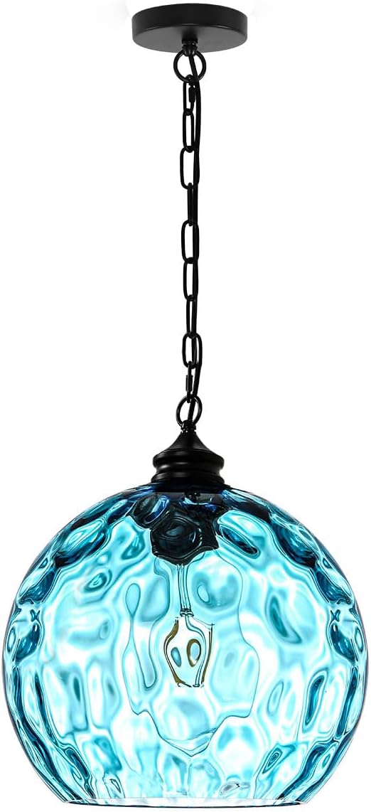 Globe Pendant Lights Blue Glass Pendant Light 1-Light Vintage Black Pendant Light 13.7 inch Large Chandelier mid Century Modern Hanging Lighting for Kitchen Dining Room Bedroom Living Room