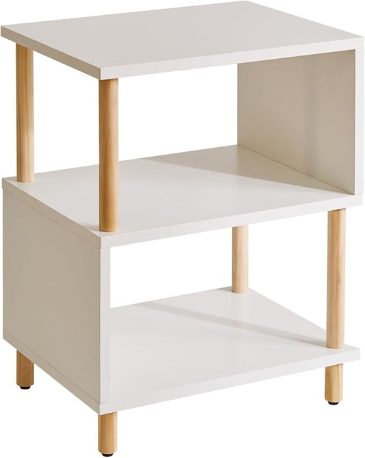 White Night Stand with Open Storage Shelf, Wood Nightstand S Shape, Bed Side Table 3 Tier 20 inch high, End Table White/Natural Wood YD-TM152W