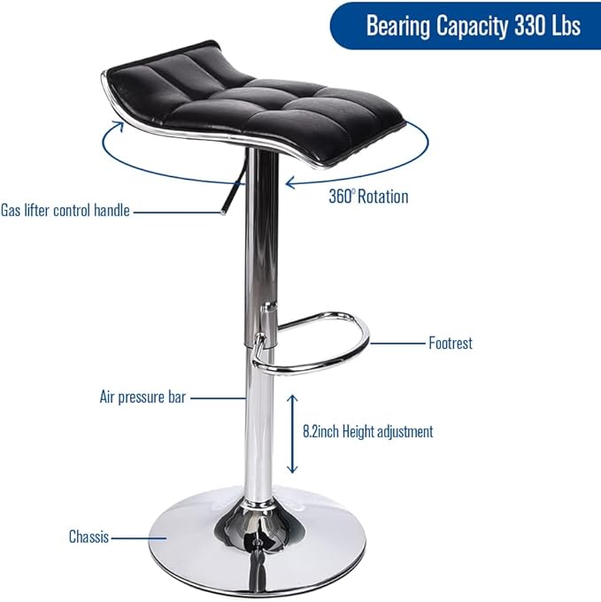 Set of 2 Barstool, Adjustable Swivel Gas Lift Bar Stools, PU Leather with Chrome Base, Black