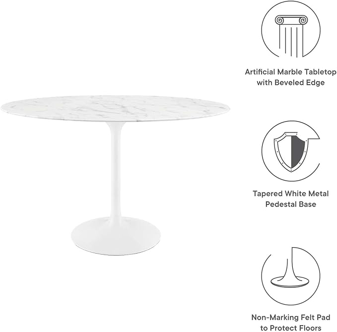 Modway Lippa 48" Oval-Shaped Mid-Century Modern Dining Table with Artificial Marble Top and White Base