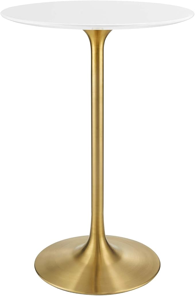 Modway Lippa 28" Mid-Century Modern Bar Table with Round White Top and Gold Pedestal Base