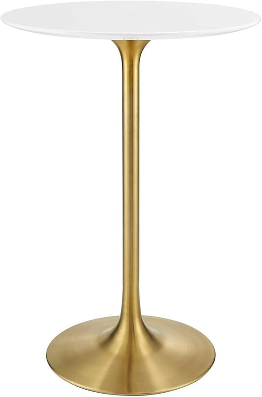 Modway Lippa 28" Mid-Century Modern Bar Table with Round White Top and Gold Pedestal Base