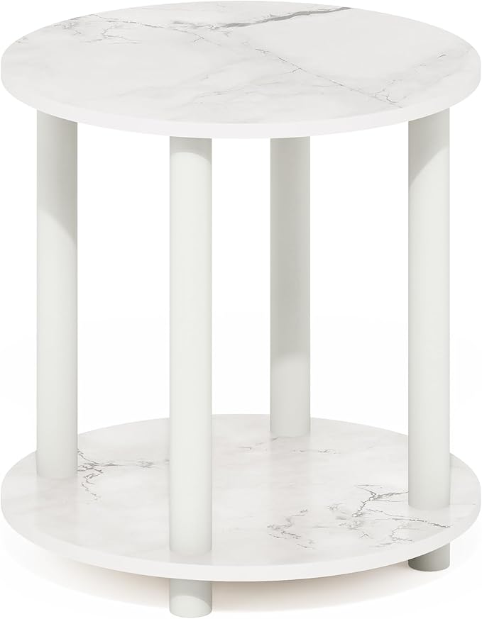 Furinno Turn-N-Tube 2-Tier Round Wooden End Table, Marble White