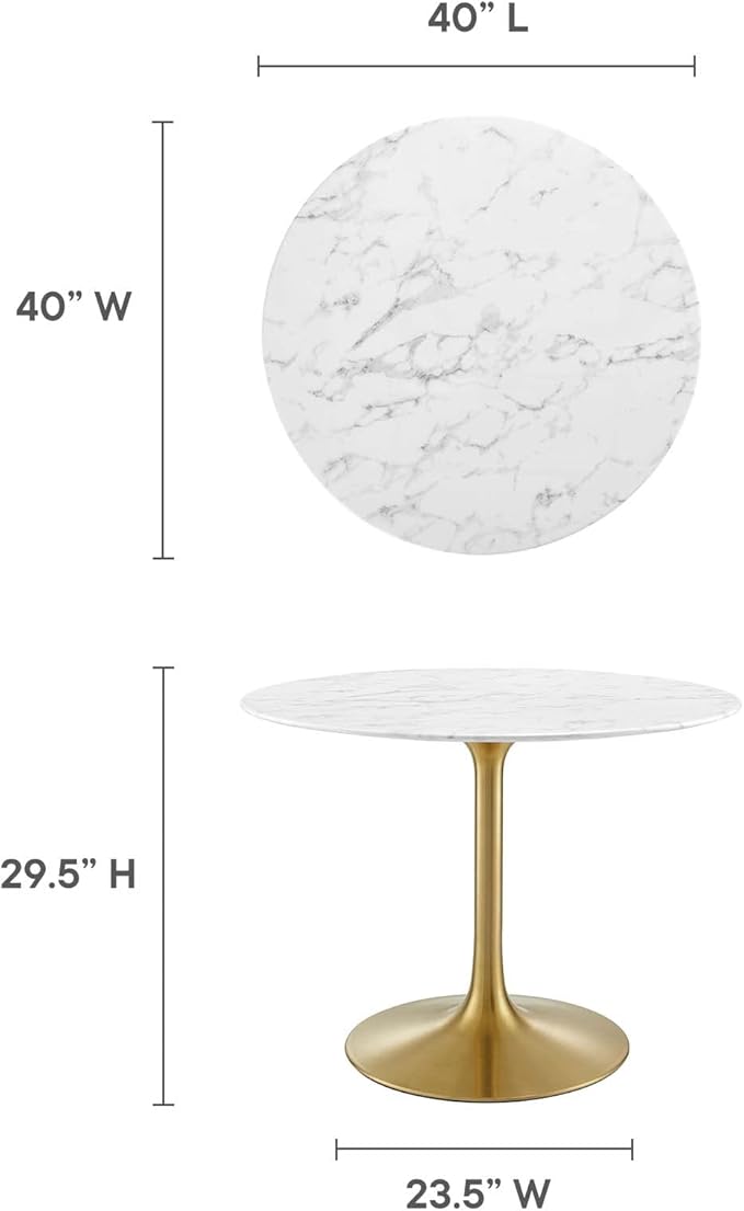 Modway Lippa 40" Mid-Century Dining Table with Round Artificial Marble Top in Gold White
