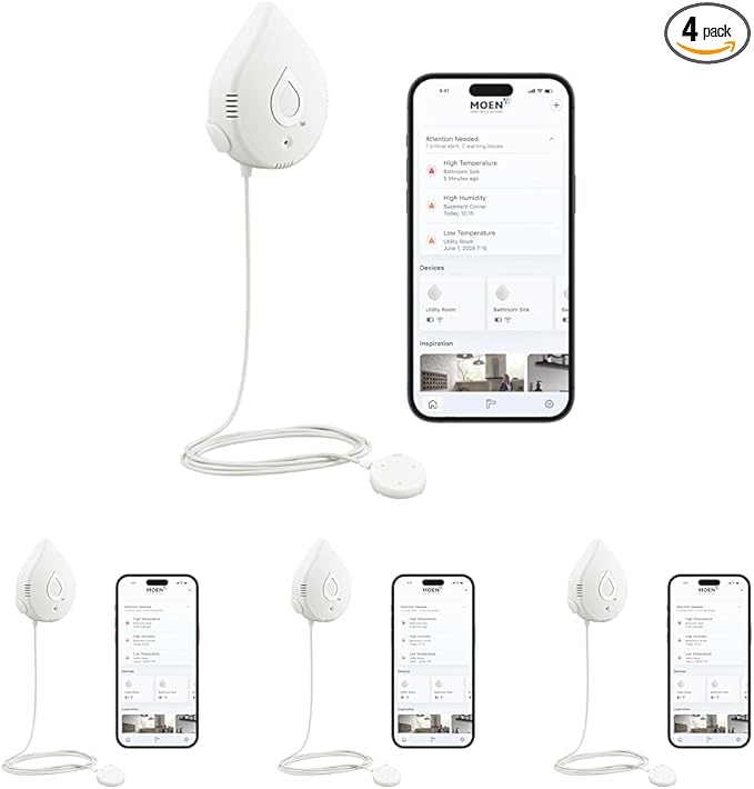 Moen Flo Smart Water Leak Detector, Drip or Flood Sensor Alarm for Home, 4-Pack, White, 920-004