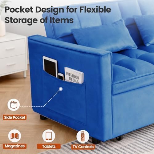 54" Convertible Pull Out Sofa Bed with Adjustable Backrest, Blue