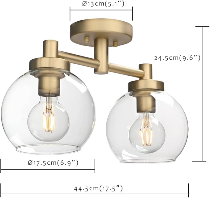 Pathson Glass Ceiling Light Fixtures, 2 Lights Globe Round Ceiling Lighting Lamp, Semi-Flush Mounted Ceiling Lights for Living Room Bathroom Hallway Loft Kitchen