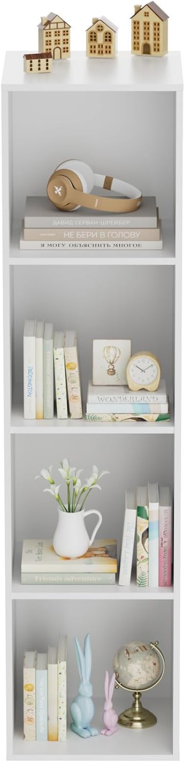 4 Tier Bookshelf, Freestanding Corner Storage Shelve Book Case for Narrow Space, 4 Cube Storage Organizer Small Bookcase for Home Office Living Room (White, 4 Cube)