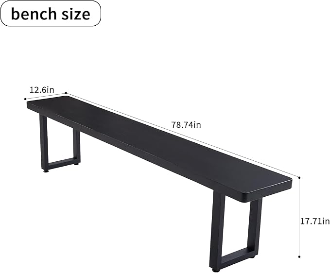 78in Black Solid Wood Dining Bench - Sturdy Metal Legs & Rounded Safety Corners | Modern Indoor Kitchen Bench for Dining Room & Entryway