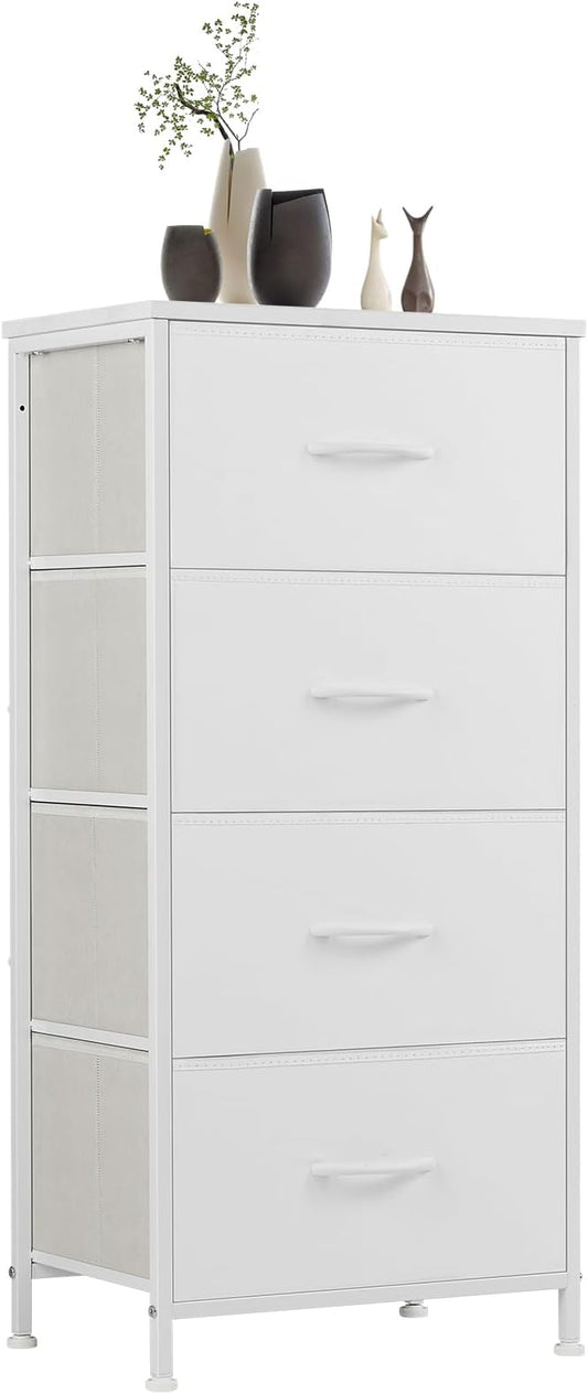 Sweetcrispy Dresser for Bedroom, Storage Drawers, Skinny Fabric Storage Tower with 4 Drawers, Tower Organizer Unit, Chest of Drawers with Wooden Top for Closet,Entryway,White
