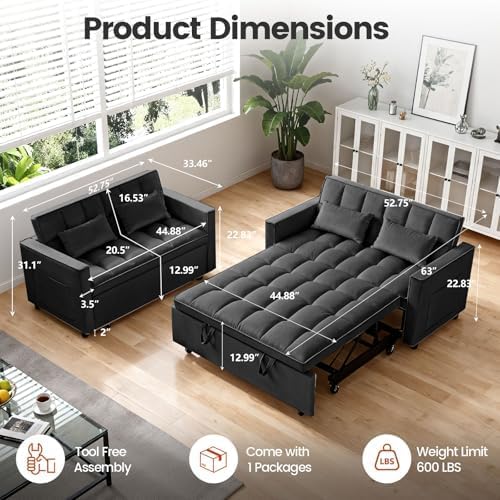 54" Convertible Pull Out Sofa Bed with Adjustable Backrest, Black
