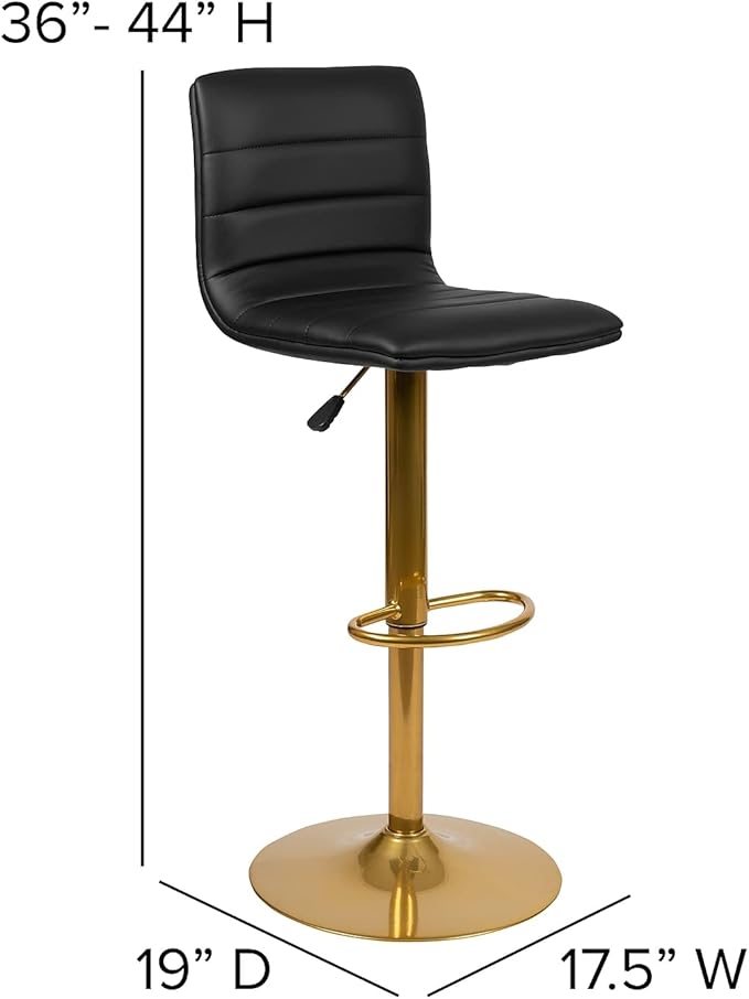 Flash Furniture Vincent Modern Black Vinyl Adjustable Bar Stool with Back, Counter Height Swivel Stool with Gold-Pedestal Base, Set of 2
