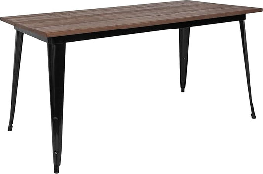 Flash Furniture Kenneth 30.25" x 60" Rectangular Black Metal Indoor Table with Walnut Rustic Wood Top