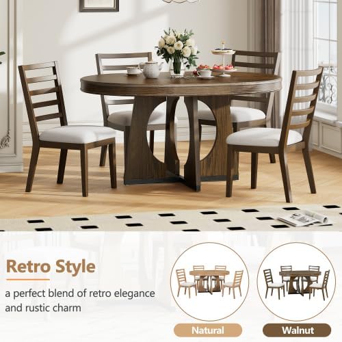Bellemave Extendable Dining Table Set with 4 Upholstered Chairs, 5-Piece Round Kitchen Table Set with Removable Middle Leaf for Kitchen, Dining Room (Walnut)