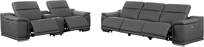 BlackJack Furniture Venice Top Grain Italian Leather Power Recline 6 Piece 5 Seater Sofa - 107" Theater Seating Modern Couch for Living Room Lounge with Adjustable Headrests & USB Port, Dark Grey
