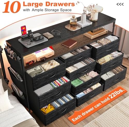 EnHomee 10-Drawer Dresser TV Stand for 55" TV with LED Lights, Power Outlets & Side Pockets (Black)
