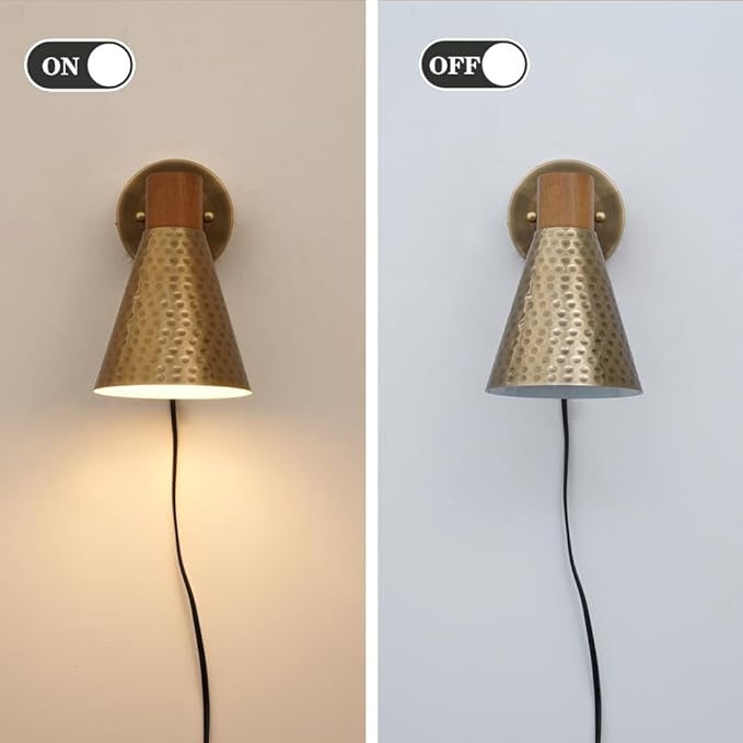 DSMJFU Gold Plug in Wall Sconces Set of 2, Modern Wall Lamp with Plug in Cord, Wooden Plug in Wall Light with Hammered Metal Shade，Wall Mounted Lamp for Bedroom, Living Room, Hallway, Bathroom