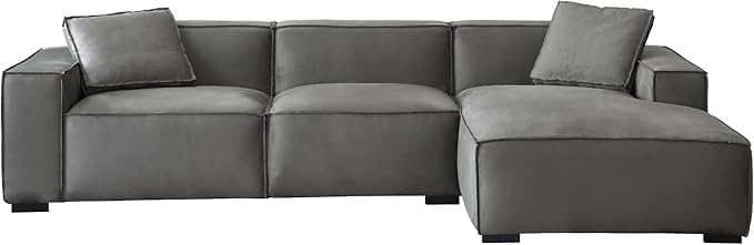 Acanva Modern L-Shaped Deep Sectional Sofa Furniture Set for Living Room Lounge, Minimalist Style Comfy Suedette Upholstery Corner Couch with Chaise, Grey