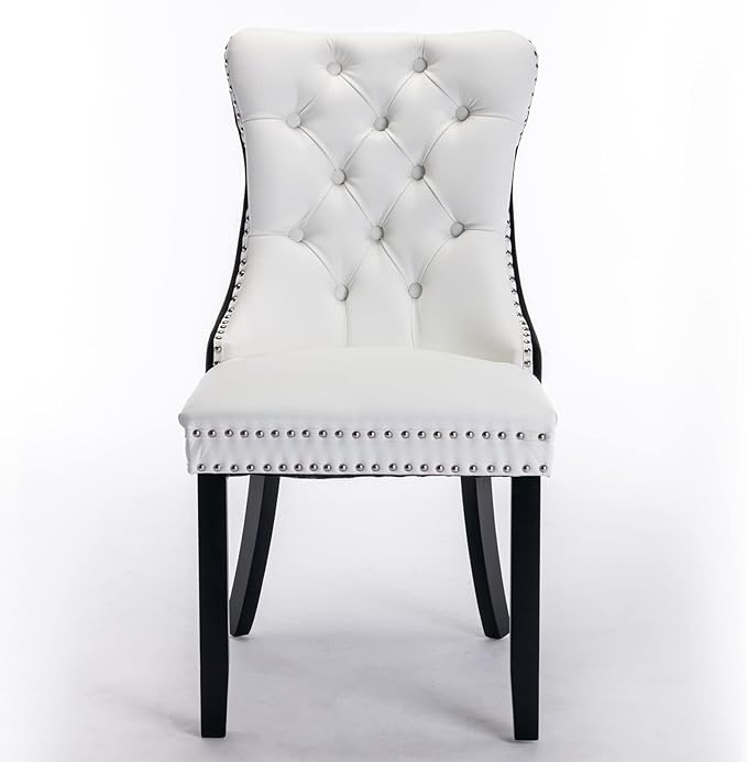 PU and Velvet Upholstered Dining Chair with Wood Legs Nailhead Trim 2-Pcs Set,Modern Side Chair W/Button Back Ring for Kitchen,White+Black