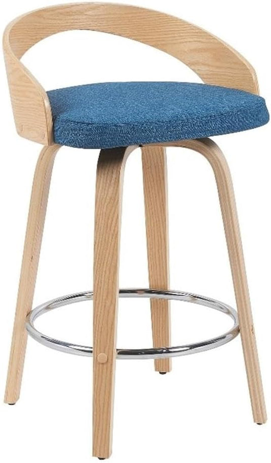 Sonia Modern Swivel Counter Height Bar Stool with Blue Upholstered Seat and Patterned Oak Wood Finish Set of 2