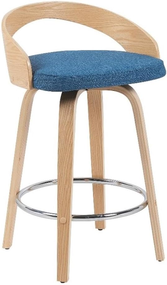 Sonia Modern Swivel Counter Height Bar Stool with Blue Upholstered Seat and Patterned Oak Wood Finish Set of 3