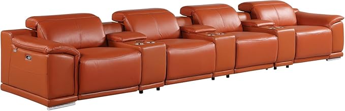 Blackjack Furniture Venice Top Grain Italian Leather Power Recline 7 Piece 4 Seater Sofa - 175" Theater Seating Modern Couch for Living Room Apartment with Adjustable Headrests & USB Port, Camel