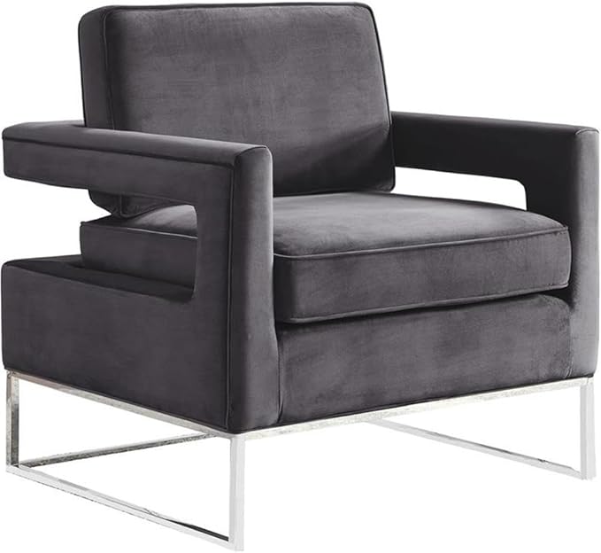 Meridian Furniture Noah Collection Modern | Contemporary Velvet Upholstered Accent Chair with Durable Stainless Steel Base, Grey, Chrome Base