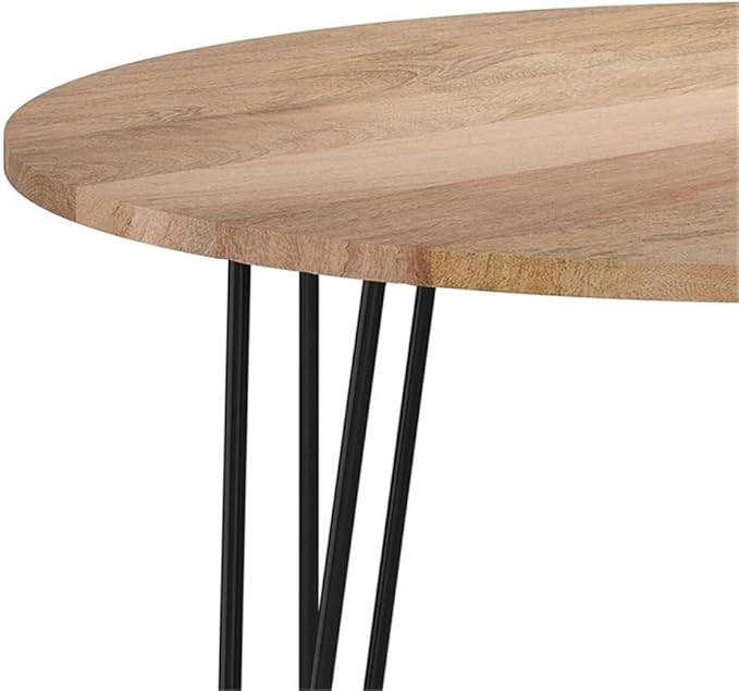 SIMPLIHOME Hunter Dining Table - 45 inch Wide Solid Mango Wood Round Table in Natural, Modern Industrial Style for Dining Room or Kitchen with Black Powder-Coated Iron Base and Hairpin Legs, Seats 4