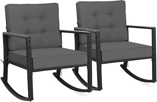 Tangkula 2 Pieces Wicker Rocking Chairs, Outdoor Glider Rattan Rocker Chair with Heavy-Duty Steel Frame, Patio Wicker Furniture Seat with 5” Thick Cushion for Garden, Porch, Backyard, Poolside