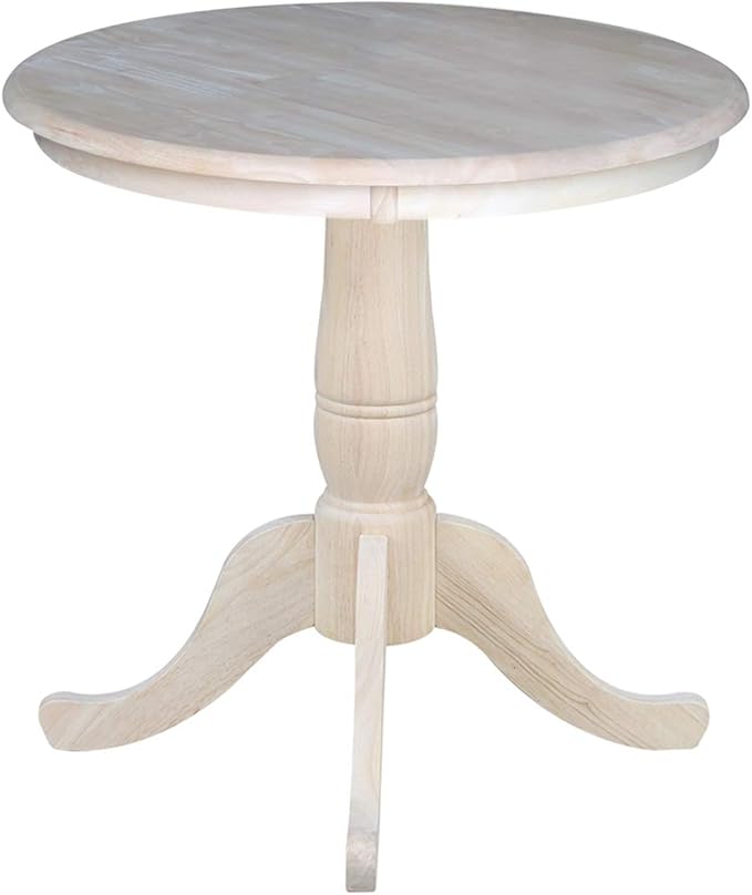 IC International Concepts, 30" Round Top Pedestal Dining Table, Solid Real Wood, Sturdy Parawood, Dimensions 30" D x 30" W x 28.8" H, Paint/Stain Ready, Unfinished